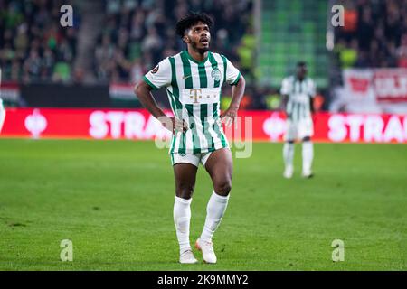 BUDAPEST, HUNGARY - OCTOBER 27: Youssouf Fofana of AS Monaco controls the  ball during the UEFA Europa League group H match between Ferencvarosi TC  and AS Monaco at Ferencvaros Stadium on October