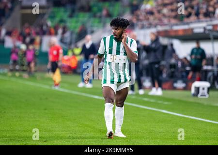 BUDAPEST, HUNGARY - MARCH 6: Lazar Cirkovic of Kisvarda Master Good  challenges Jose Marcos Marquinhos of Ferencvarosi TC during the Hungarian  OTP Bank Liga match between Ferencvarosi TC and Kisvarda Master Good at  Groupama Arena on