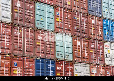 Prague, CZ - 28 April 2021: Many stacked cargo containers. Filled frame. Editorial Stock Photo