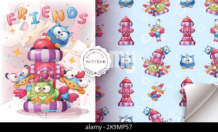 Cute friend bird - seamless pattern Stock Vector