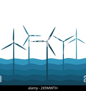 Illustration with waves and windmills, wind turbines. Vector colored background. Stock Vector