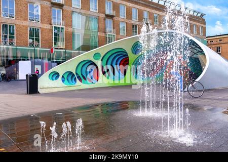 Dutch shopping square street with fountains in city center of Eindhoven, Netherlands Stock Photo