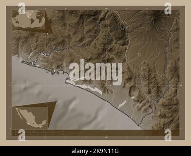 Colima, state of Mexico. Colored elevation map with lakes and rivers ...