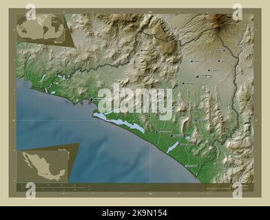 Colima, state of Mexico. Colored elevation map with lakes and rivers ...