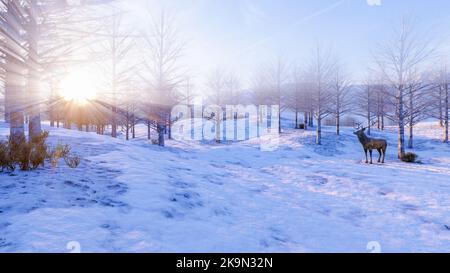 Arctic landscape scene, morning sunrise in snow forest with stag in snow field, 3d rendering Stock Photo