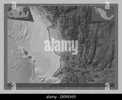 Nayarit, state of Mexico. Grayscale elevation map with lakes and rivers. Corner auxiliary location maps Stock Photo