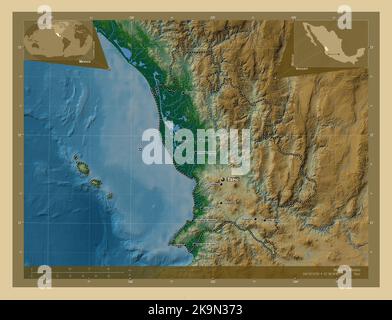 Nayarit, state of Mexico. Colored elevation map with lakes and rivers. Locations and names of major cities of the region. Corner auxiliary location ma Stock Photo