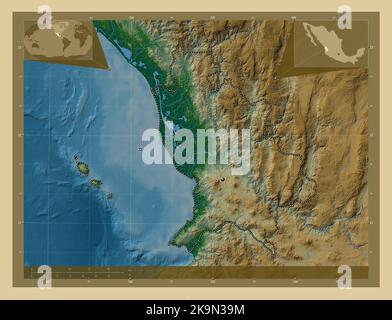 Nayarit, state of Mexico. Colored elevation map with lakes and rivers. Corner auxiliary location maps Stock Photo