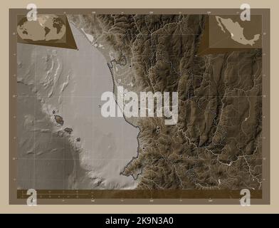 Nayarit, state of Mexico. Elevation map colored in sepia tones with lakes and rivers. Locations of major cities of the region. Corner auxiliary locati Stock Photo