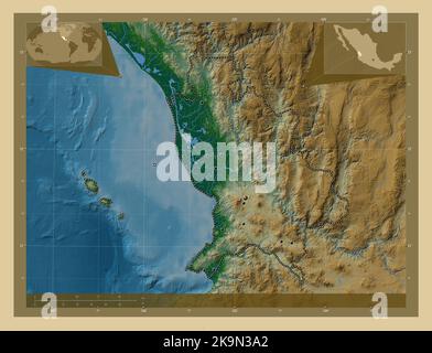 Nayarit, state of Mexico. Colored elevation map with lakes and rivers. Locations of major cities of the region. Corner auxiliary location maps Stock Photo