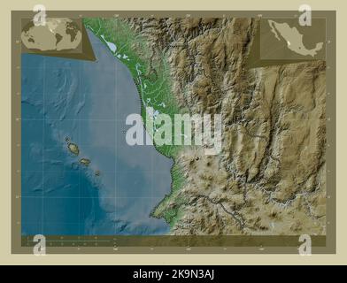 Nayarit, state of Mexico. Elevation map colored in wiki style with lakes and rivers. Corner auxiliary location maps Stock Photo