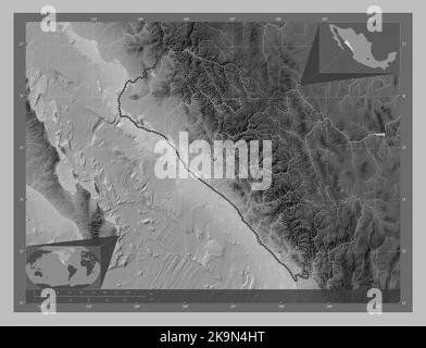 Sinaloa, state of Mexico. Grayscale elevation map with lakes and rivers. Corner auxiliary location maps Stock Photo