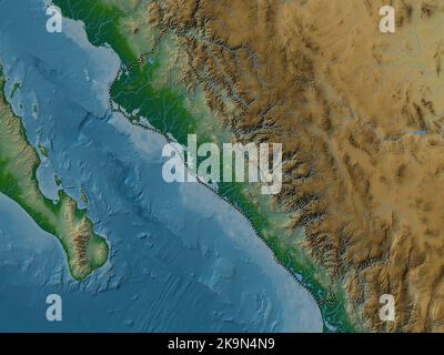 Sinaloa, state of Mexico. Colored elevation map with lakes and rivers Stock Photo