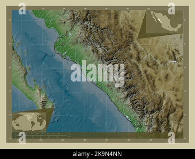 Sinaloa, state of Mexico. Elevation map colored in wiki style with lakes and rivers. Corner auxiliary location maps Stock Photo