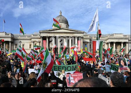 Today also the birthday of Mohammad Reza Shah Pahlavi remember the last King of Iran. Thousands Anti-Iranian government continues protestors demonstration allege the death of  a Kurdish woman Mahda Amini in Iran, demand for a regime change in Iran at Trafalgar Square, London, UK. - 29th October 2022. Stock Photo