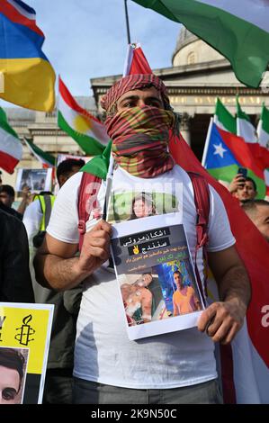 Today also the birthday of Mohammad Reza Shah Pahlavi remember the last King of Iran. Thousands Anti-Iranian government continues protestors demonstration allege the death of  a Kurdish woman Mahda Amini in Iran, demand for a regime change in Iran at Trafalgar Square, London, UK. - 29th October 2022. Stock Photo