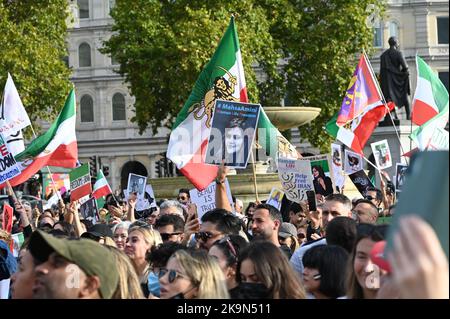 Today also the birthday of Mohammad Reza Shah Pahlavi remember the last King of Iran. Thousands Anti-Iranian government continues protestors demonstration allege the death of  a Kurdish woman Mahda Amini in Iran, demand for a regime change in Iran at Trafalgar Square, London, UK. - 29th October 2022. Stock Photo