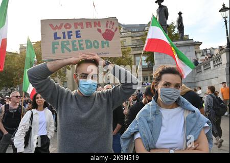 Today also the birthday of Mohammad Reza Shah Pahlavi remember the last King of Iran. Thousands Anti-Iranian government continues protestors demonstration allege the death of  a Kurdish woman Mahda Amini in Iran, demand for a regime change in Iran at Trafalgar Square, London, UK. - 29th October 2022. Stock Photo