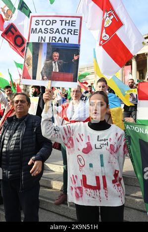 Today also the birthday of Mohammad Reza Shah Pahlavi remember the last King of Iran. Thousands Anti-Iranian government continues protestors demonstration allege the death of  a Kurdish woman Mahda Amini in Iran, demand for a regime change in Iran at Trafalgar Square, London, UK. - 29th October 2022. Stock Photo