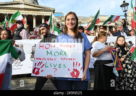 Today also the birthday of Mohammad Reza Shah Pahlavi remember the last King of Iran. Thousands Anti-Iranian government continues protestors demonstration allege the death of  a Kurdish woman Mahda Amini in Iran, demand for a regime change in Iran at Trafalgar Square, London, UK. - 29th October 2022. Stock Photo