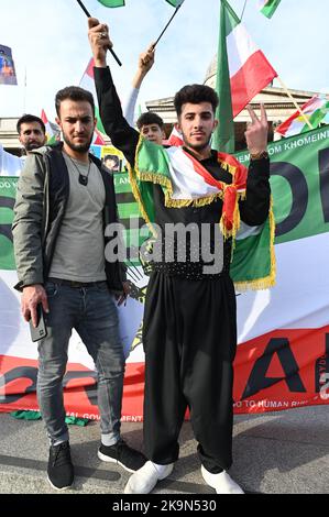 Today also the birthday of Mohammad Reza Shah Pahlavi remember the last King of Iran. Thousands Anti-Iranian government continues protestors demonstration allege the death of  a Kurdish woman Mahda Amini in Iran, demand for a regime change in Iran at Trafalgar Square, London, UK. - 29th October 2022. Stock Photo