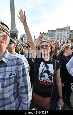 Today also the birthday of Mohammad Reza Shah Pahlavi remember the last King of Iran. Thousands Anti-Iranian government continues protestors demonstration allege the death of  a Kurdish woman Mahda Amini in Iran, demand for a regime change in Iran at Trafalgar Square, London, UK. - 29th October 2022. Stock Photo