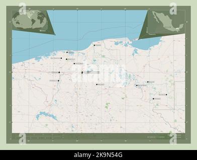 Tabasco, state of Mexico. Open Street Map. Locations and names of major cities of the region. Corner auxiliary location maps Stock Photo