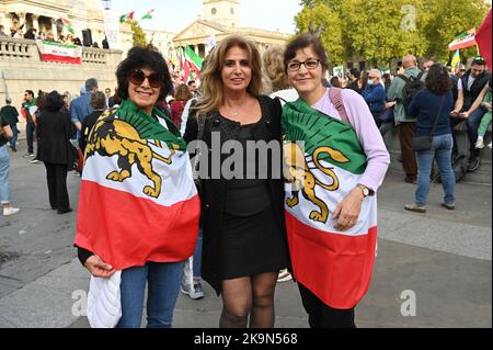 Today also the birthday of Mohammad Reza Shah Pahlavi remember the last King of Iran. Thousands Anti-Iranian government continues protestors demonstration allege the death of  a Kurdish woman Mahda Amini in Iran, demand for a regime change in Iran at Trafalgar Square, London, UK. - 29th October 2022. Stock Photo