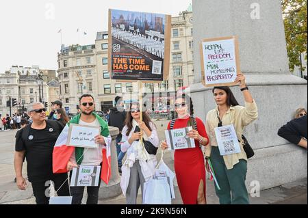 Today also the birthday of Mohammad Reza Shah Pahlavi remember the last King of Iran. Thousands Anti-Iranian government continues protestors demonstration allege the death of  a Kurdish woman Mahda Amini in Iran, demand for a regime change in Iran at Trafalgar Square, London, UK. - 29th October 2022. Stock Photo