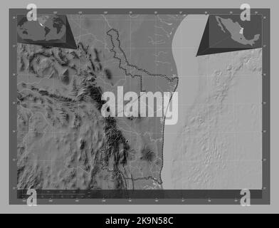 Tamaulipas, state of Mexico. Bilevel elevation map with lakes and rivers. Corner auxiliary location maps Stock Photo