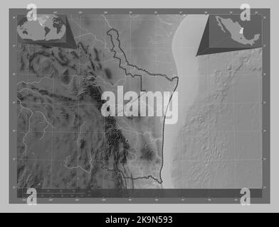 Tamaulipas, state of Mexico. Grayscale elevation map with lakes and rivers. Corner auxiliary location maps Stock Photo