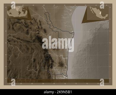 Tamaulipas, state of Mexico. Elevation map colored in sepia tones with lakes and rivers. Corner auxiliary location maps Stock Photo
