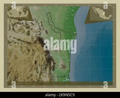 Tamaulipas, state of Mexico. Elevation map colored in wiki style with lakes and rivers. Corner auxiliary location maps Stock Photo
