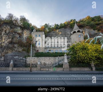 Rock Church and Pauline Monastery at Saint Gellert Quay - Budapest, Hungary Stock Photo