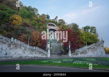 St Gerard of Csanad (Szent Gellert) Monument and Gellert Hill Waterfall - Budapest, Hungary Stock Photo