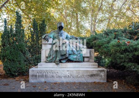 Statue of Anonymous Notary of King Bela III - created by Miklos Ligeti in 1903 - Budapest, Hungary Stock Photo