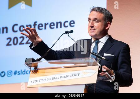 Scottish Liberal Democrat Leader Alex Cole-Hamilton MSP speaking at the Scottish Liberal Democrats Autumn Conference at the Town House, Hamilton, South Lanarkshire. Picture date: Saturday October 29, 2022. Stock Photo