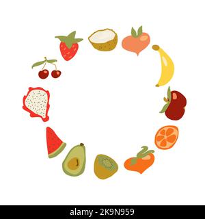 Cute hand drawn card with funny fruit image. Banana, pitaya, watermelon slice, kiwi, avocado, peach, strawberry, cherry, coconut, apple and peach frui Stock Vector
