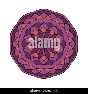 Mandala lacy pattern in purple color palette. Round ornament pattern. Floral rosette. Graphic design. Coloring book page element Stock Vector