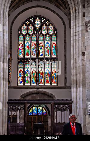 Wimborne Minster, Dorset.  Stained Glass Window. Stock Photo