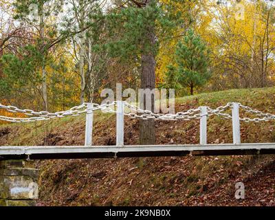 Iron bridge on a concrete footing over a dried-up lake in the forest Stock Photo