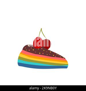 Rainbow cake slice with cherries on white background. Vector illustration. Stock Vector