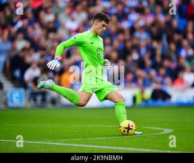 Brighton, UK. 29th Oct, 2022. Kepa Arrizabalaga Goalkeeper of Chelsea during the Premier League match between Brighton & Hove Albion and Chelsea at The Amex on October 29th 2022 in Brighton, England. (Photo by Jeff Mood/phcimages.com) Credit: PHC Images/Alamy Live News