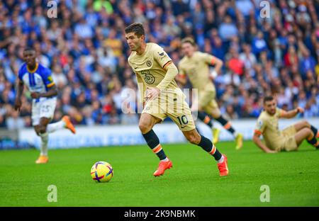 Brighton, UK. 29th Oct, 2022. Christian Pulisic of Chelsea during the Premier League match between Brighton & Hove Albion and Chelsea at The Amex on October 29th 2022 in Brighton, England. (Photo by Jeff Mood/phcimages.com) Credit: PHC Images/Alamy Live News