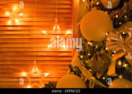 holiday paraphernalia. New Year . toys . lights. Christmas tree . holiday Stock Photo