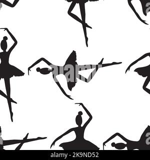 Seamless decorative black and white background. Dancing ballerina silhouettes pattern Stock Vector