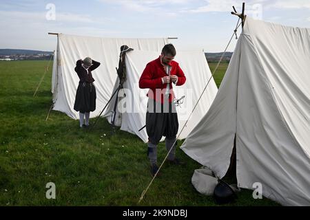 Rakovnik, Czech Republic. 29th Oct, 2022. Historical reenactment of the conquest of the St. Giles Church, part of the Battle of Rakovnik in 1620 within the Thirty Years' War, was held on October 29, 2022, in Rakovnik, Czech Republic. On the photo is seen a part of period military camp. Credit: Ondrej Deml/CTK Photo/Alamy Live News Stock Photo