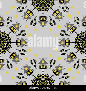 Abstract vector mandala decorative seamless pattern in circle in northern style colors with stylized house buildings. Perfect for cards, invitations, Stock Vector