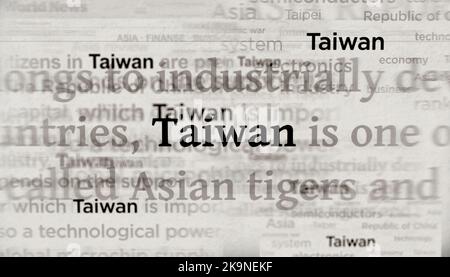 Headline news across international media with Taiwan, Taiwanese economy and politics. Abstract concept of news titles on noise displays. TV glitch eff Stock Photo