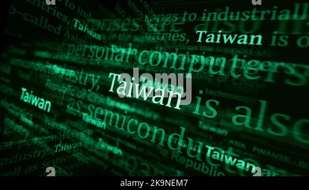 Headline news across international media with Taiwan, Taiwanese economy and politics. Abstract concept of news titles on noise displays. TV glitch eff Stock Photo